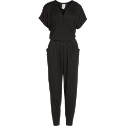 Petite Women's Loveappella Short Sleeve Wrap Top Jumpsuit, Size Small P - Black