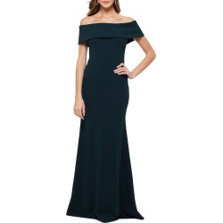 Women's Betsy & Adam Off The Shoulder Back Ruffle Scuba Crepe Gown, Size 14 - Green