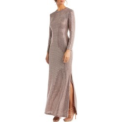 Women's Morgan & Co. Long Sleeve Sequin Knit Gown, Size Large - Beige