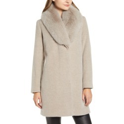 Women's Fleurette Genuine Fox Fur Collar Wool Coat, Size 12 - Grey