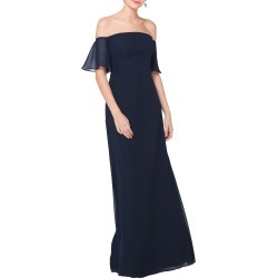 Women's #levkoff Off The Shoulder Fluted Sleeve Chiffon Gown, Size 0 - Blue