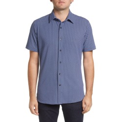 Nordstrom Trim Fit Geo Print Knit Short Sleeve Button-Up Shirt, Size X-Large in Navy Blazer- Grey Geo Floral at Nordstrom found on Bargain Bro from Nordstrom Canada for USD $30.82