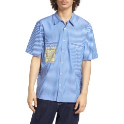 DAILY PAPER Masin Stripe Short Sleeve Button-Up Shirt, Size X-Large in Blue/White Stripe at Nordstrom found on Bargain Bro from Nordstrom Canada for USD $38.09
