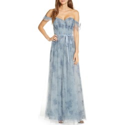 Women's Marchesa Notte Off The Shoulder Floral Tulle Bridesmaid Gown, Size 0 - Blue