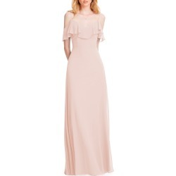 Women's #levkoff Ruffle Shoulder Chiffon Gown, Size 10 - Pink