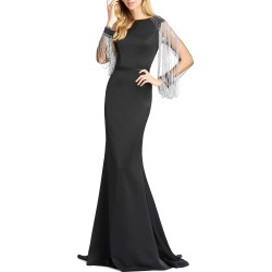 Women's MAC Duggal Fringe Sleeve Trumpet Gown, Size 4 - Black