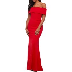 Women's Betsy & Adam Off The Shoulder Back Ruffle Scuba Crepe Gown, Size 14 - Red