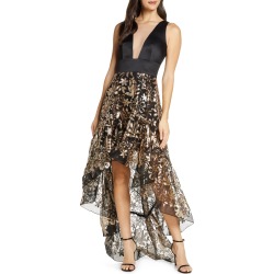 Women's Bronx And Banco Louise Floral Sequin Sleeveless High/low Gown, Size Large - Black
