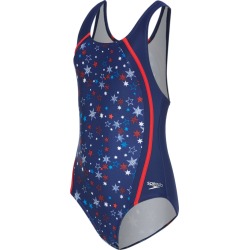 Speedo Girls' Sport Splice One Piece Swimsuit Big Kid - Red/White/Blue 7 Nylon/Spandex - Swimoutlet.com