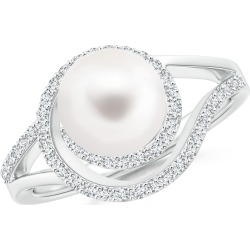 Freshwater Cultured Pearl Spiral Halo Ring with Diamonds