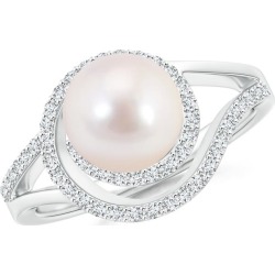 Akoya Cultured Pearl Spiral Halo Ring with Diamonds