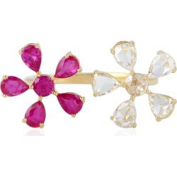 Artisan - 18Kt Yellow Gold Ruby Diamond Between The Finger Ring Handmade Jewelry