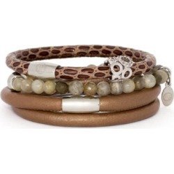 Bronze Italian Leather & Agates Bracelet Stack with a Silver Charm