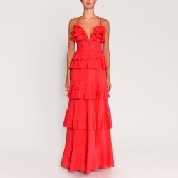 True Decadence - Hot Pink Linen Plunge Front Tiered Ruffle Maxi Dress From