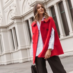 Luxury Wool And Cashmere Blend Cape in Poppy Red