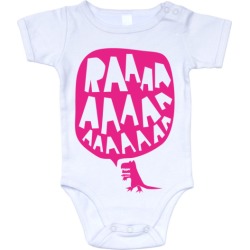 RAAAAA dinosaur onesie in fluorescent pink on white