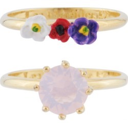 Pink stone and French flowers - Set of two rings