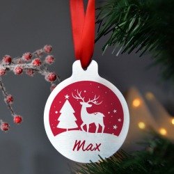 Personalised silver or gold metal deer christmas bauble