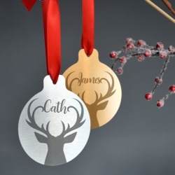 Personalised silver or gold metal stag christmas bauble