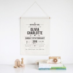 New baby girl personalised birth details wall banner