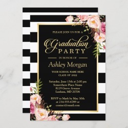 Graduation Cards - Elegant Floral Gold Black White Stripes Graduation Card