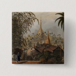 View of the Great Dagon Pagoda and Adjacent Scener Button, Adult Unisex, Size: 2 Inch, Blanched Almond / Linen / Antique White