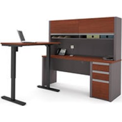 Bestar Connexion OfficePro 93000 L-Shaped Desk with Hutch and Electric Height Adjustable Table, Bordeaux/Slate