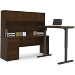 Bestar Prestige + OfficePro 99000 L-Shaped Desk with Hutch and Electric Height Adjustable Table, Chocolate