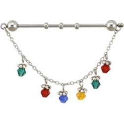 Multi-Color Gem Dangle Chain Industrial Barbell - 14 Gauge by Spencer's