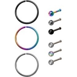 Multi-Pack Rainbow CZ Bone Nose Rings and Hoop Nose Rings 9 Pack - 20 by Spencer's