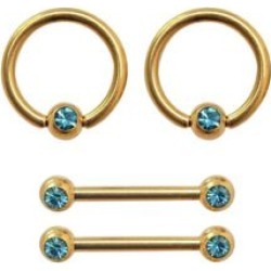 Goldtone CZ Captive Nipple Rings and Nipple Barbells 2 Pair - 14 Gauge by Spencer's