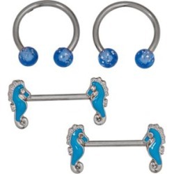 Seahorse Nipple Horseshoe Rings and Nipple Barbells 2 Pair - 14 Gauge by Spencer's