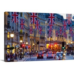 Large Solid-Faced Canvas Print Wall Art Print 30 x 20 entitled UK, England, London, Regent Street, Taxis and Union Jack Flags