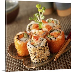 Large Gallery-Wrapped Canvas Wall Art Print 16 x 16 entitled Lobster sushi rolls on plate