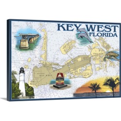 Large Gallery-Wrapped Canvas Wall Art Print 24 x 16 entitled Key West, Florida - Nautical Chart: Retro Travel Poster