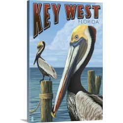 Large Gallery-Wrapped Canvas Wall Art Print 16 x 24 entitled Key West, Florida - Brown Pelican: Retro Travel Poster