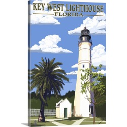 Large Gallery-Wrapped Canvas Wall Art Print 16 x 24 entitled Key West Lighthouse, Florida Day Scene: Retro Travel Poster