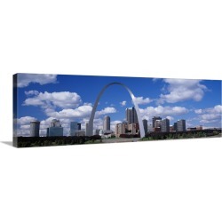 Large Solid-Faced Canvas Print Wall Art Print 48 x 16 entitled Metal arch in front of buildings, Gateway Arch, St. Louis, ...
