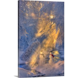 Large Solid-Faced Canvas Print Wall Art Print 20 x 30 entitled Snowman Couple Standing Next To A Stream With Sunrays