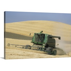 Large Solid-Faced Canvas Print Wall Art Print 30 x 20 entitled Combine harvester harvesting golden wheat, late Summer, Was...