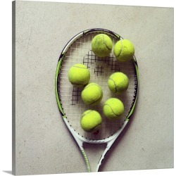Large Solid-Faced Canvas Print Wall Art Print 20 x 20 entitled Tennis racquet and tennis balls.