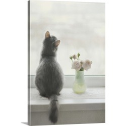 Large Gallery-Wrapped Canvas Wall Art Print 16 x 24 entitled Furry cat with flower vase at window sill waiting