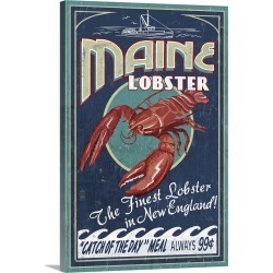 Large Gallery-Wrapped Canvas Wall Art Print 16 x 24 entitled Maine Lobster Vintage Sign: Retro Travel Poster
