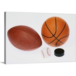 Large Gallery-Wrapped Canvas Wall Art Print 24 x 16 entitled Sports equipment: football, baseball, basketball, hockey puck,