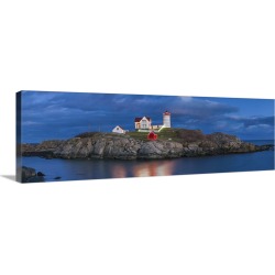 Large Solid-Faced Canvas Print Wall Art Print 48 x 16 entitled Maine, York Beach, Nubble Light Lighthouse with Christmas d...