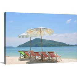 Large Solid-Faced Canvas Print Wall Art Print 30 x 20 entitled Beach chair and umbrella on beach and Rang Yai Island backg...