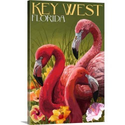 Large Gallery-Wrapped Canvas Wall Art Print 16 x 24 entitled Key West, Florida - Flamingos: Retro Travel Poster