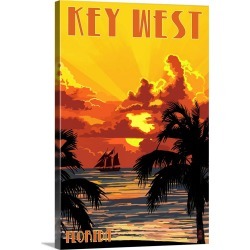 Large Gallery-Wrapped Canvas Wall Art Print 16 x 24 entitled Key West, Florida - Sunset and Ship: Retro Travel Poster