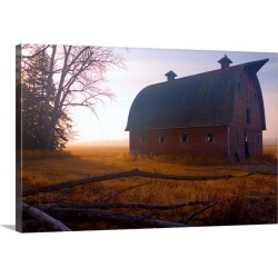Large Gallery-Wrapped Canvas Wall Art Print 24 x 16 entitled A Barn Sits In Morning Mist