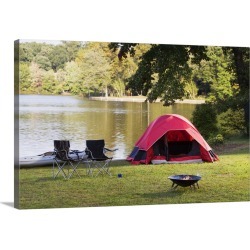 Large Solid-Faced Canvas Print Wall Art Print 30 x 20 entitled Campsite by lake Large Solid-Faced Canvas Print Wall Art Print 30 x 20 entitled Campsite by lake